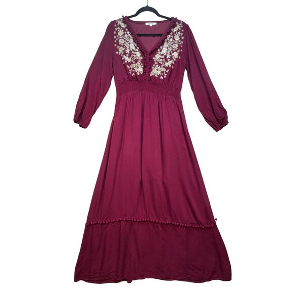 Andree By Unit Womens Embroidered Long Sleeves Maxi Dress Size L Burgundy Boho - Picture 1 of 16